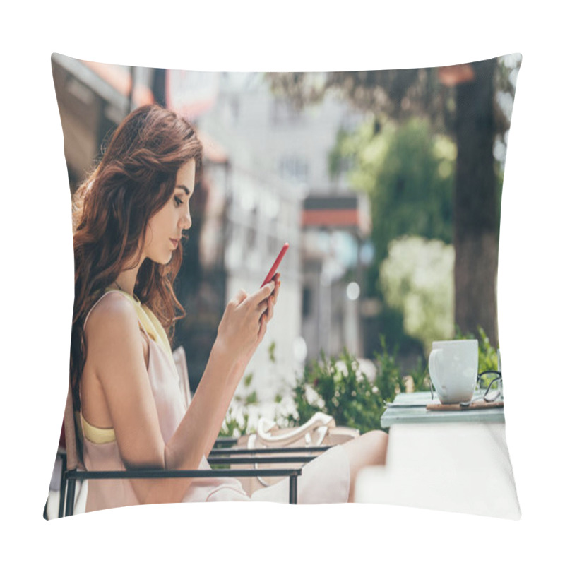 Personality  Side View Of Young Woman Using Smartphone While Sitting At Table With Cup Of Coffee In Cafe Pillow Covers