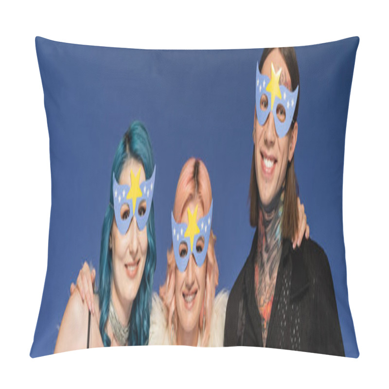 Personality  Happy Queer People In Party Masks Smiling At Camera Isolated On Blue, Banner Pillow Covers