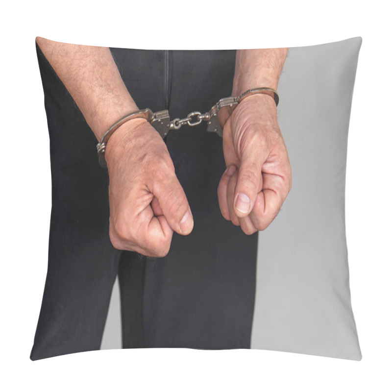 Personality  Criminal Hands Locked In Handcuffs. Close-up View Pillow Covers