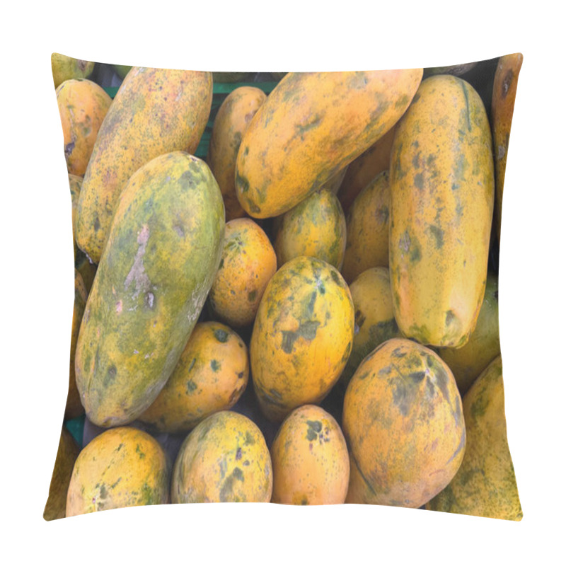 Personality  Close Up Of Ripe Orange Papaya Fruit Displayed On Papaya Tray In A Fruit Market. Pillow Covers