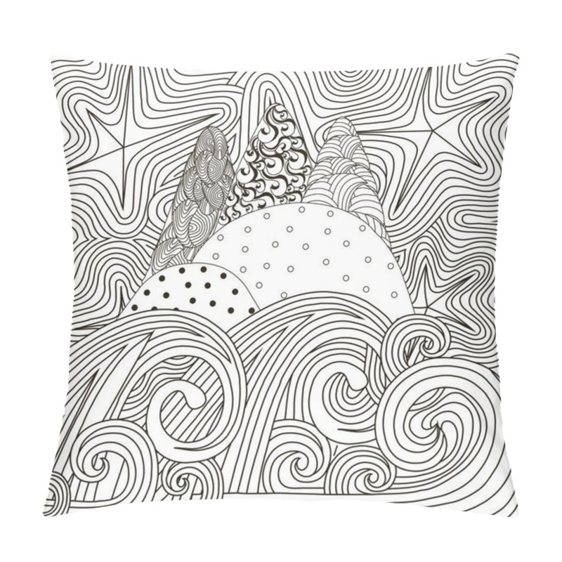 Personality  Zentangle Hand Drawn Black And White Abstract Starry Night, Island And Waves, Anti Stress Vector Illustration Pillow Covers