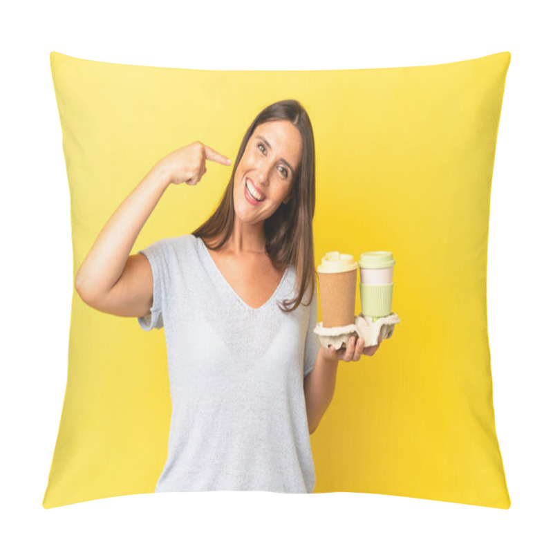 Personality  Hispanic Young Adult Woman Smiling Confidently Pointing To Own Broad Smile. Take Away Coffee Concept Pillow Covers