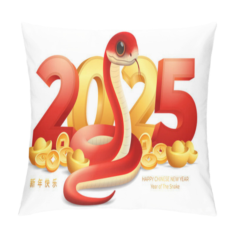 Personality  Chinese New Year 2025, Red Snake With 2025 3D Number, Golden Ingots And Coins Vector Illustration. (Translation : Year Of The Snake) Pillow Covers