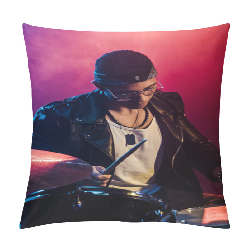 Personality  Serious Young Male Musician In Leather Jacket Playing Drums During Rock Concert On Stage With Smoke And Dramatic Lighting Pillow Covers