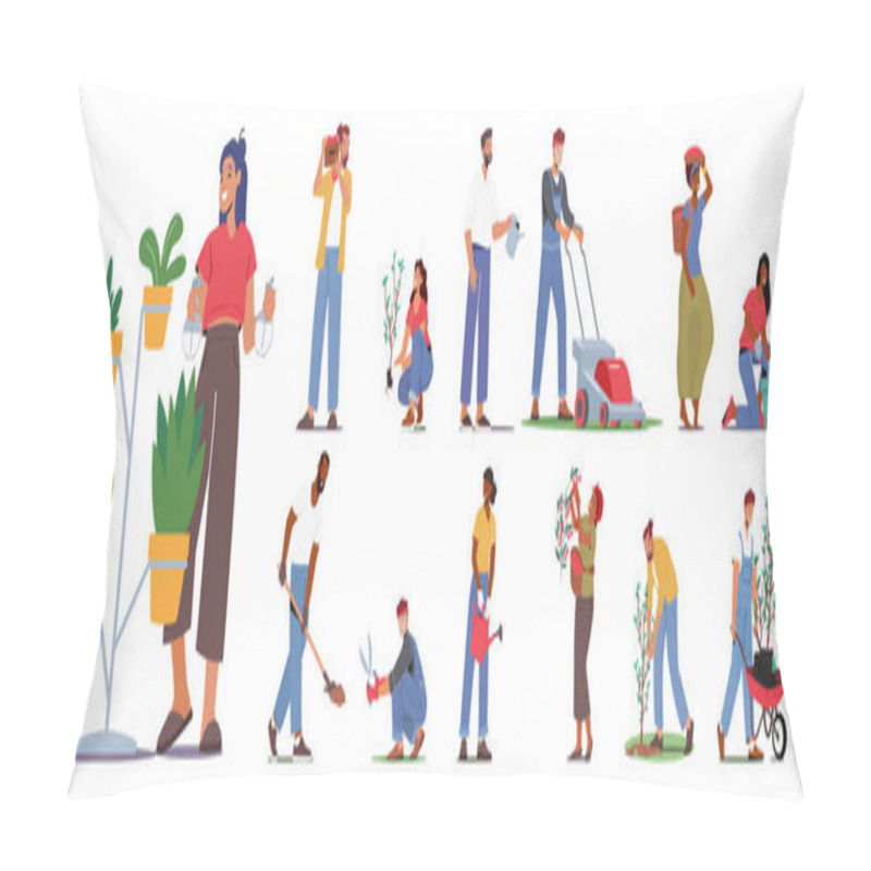 Personality  Set Of Farmer Or Gardener Characters Gardening, Nurturing Plants, , Fostering Blossoms. Men And Women Planting, Watering And Growing Trees And Houseplants. Cartoon People Vector Illustration Pillow Covers