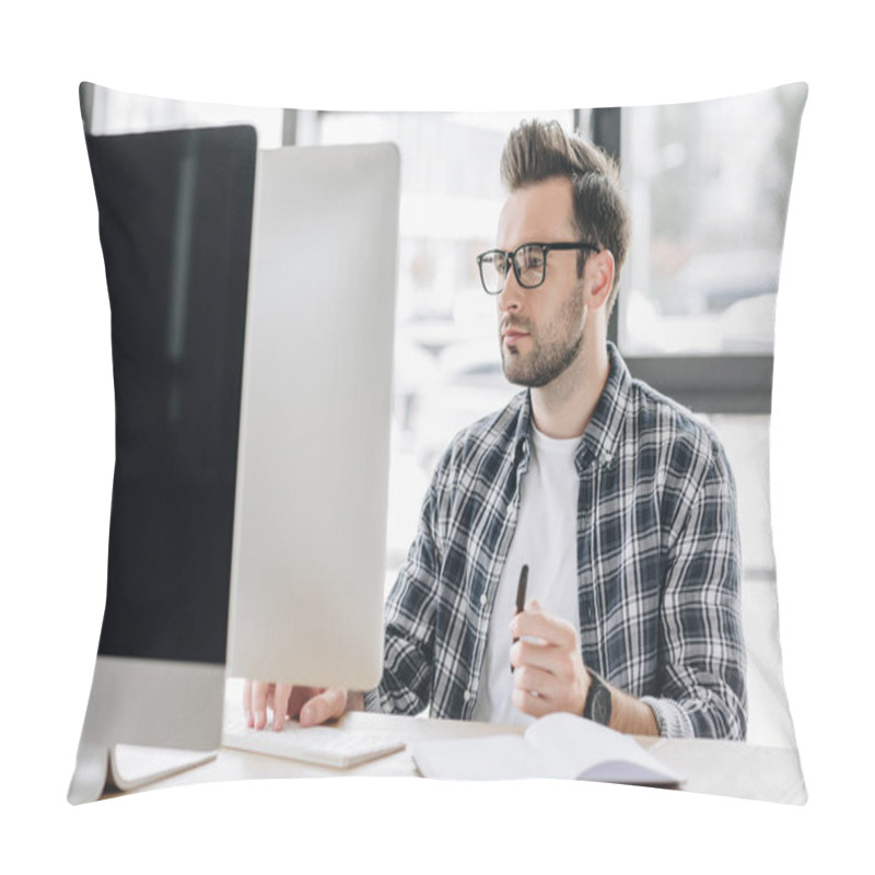 Personality  Focused Young Man In Eyeglasses Working With Desktop Computer Pillow Covers