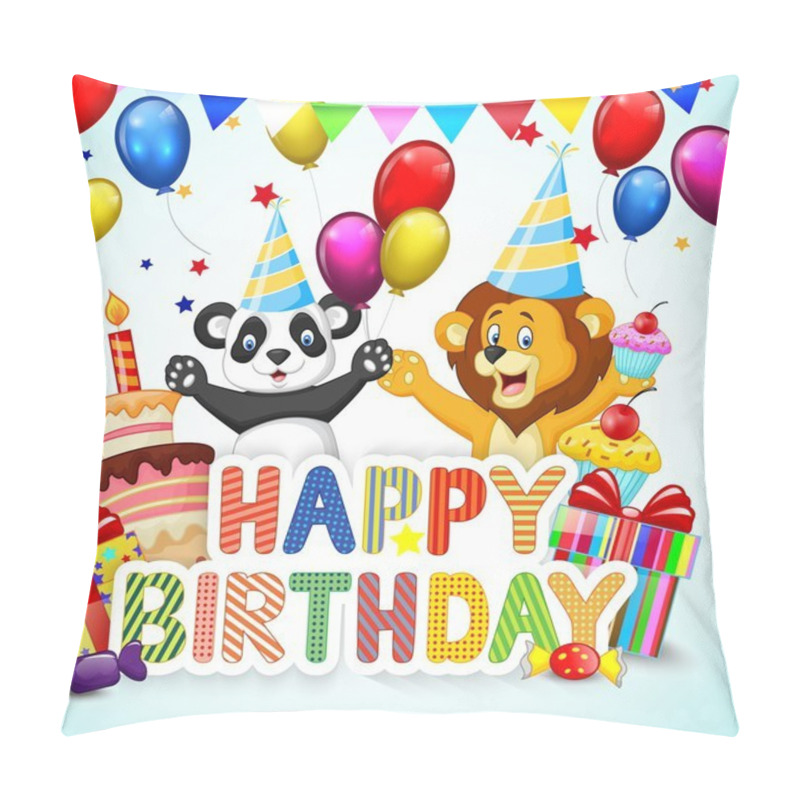 Personality  Birthday Background With Cartoon Lion And Panda Pillow Covers