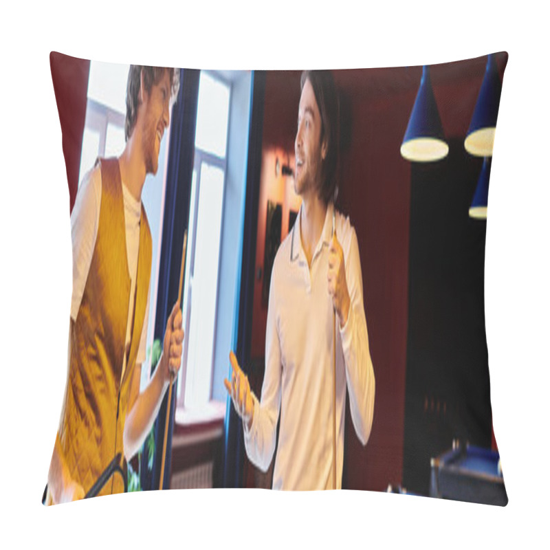 Personality  Friends Laugh And Chat While Enjoying A Casual Game Of Billiards. Pillow Covers