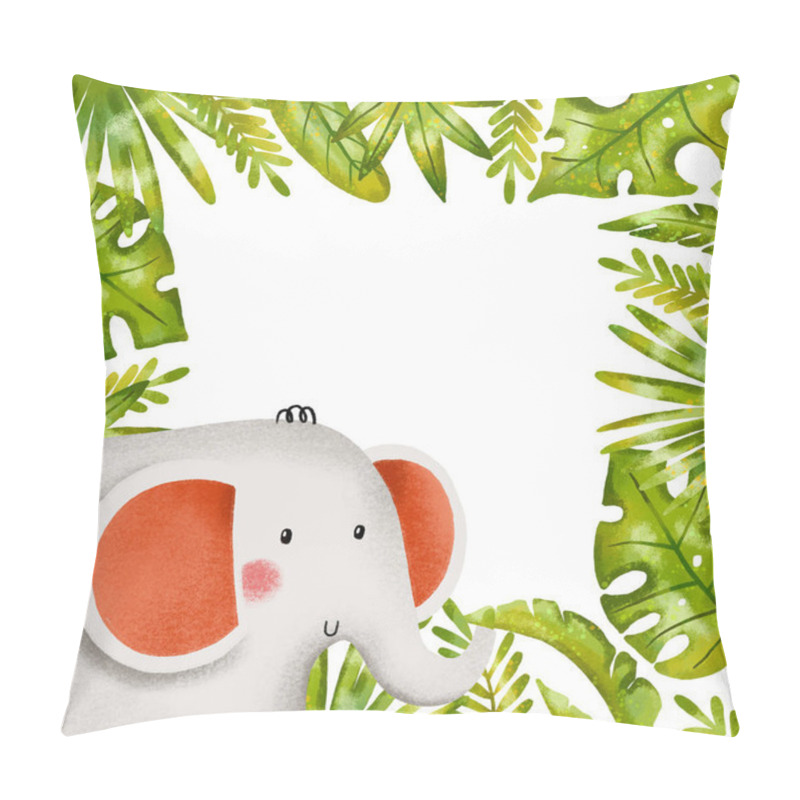 Personality  Square Border Frame With Cartoon Elephant, Jungle Leaves, Branches. Rainforest. Birthday Card Invitation. Hand Drawn On Isolated Background Pillow Covers