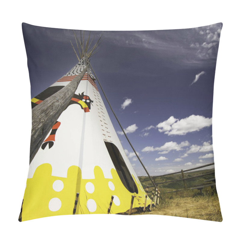 Personality  Alberta Alberta Canada, July 30 2021: An Indigenous Teepee Set Up At Head Smashed In Buffalo Jump World Heritage Site Under A Blue Summer Sky. Pillow Covers