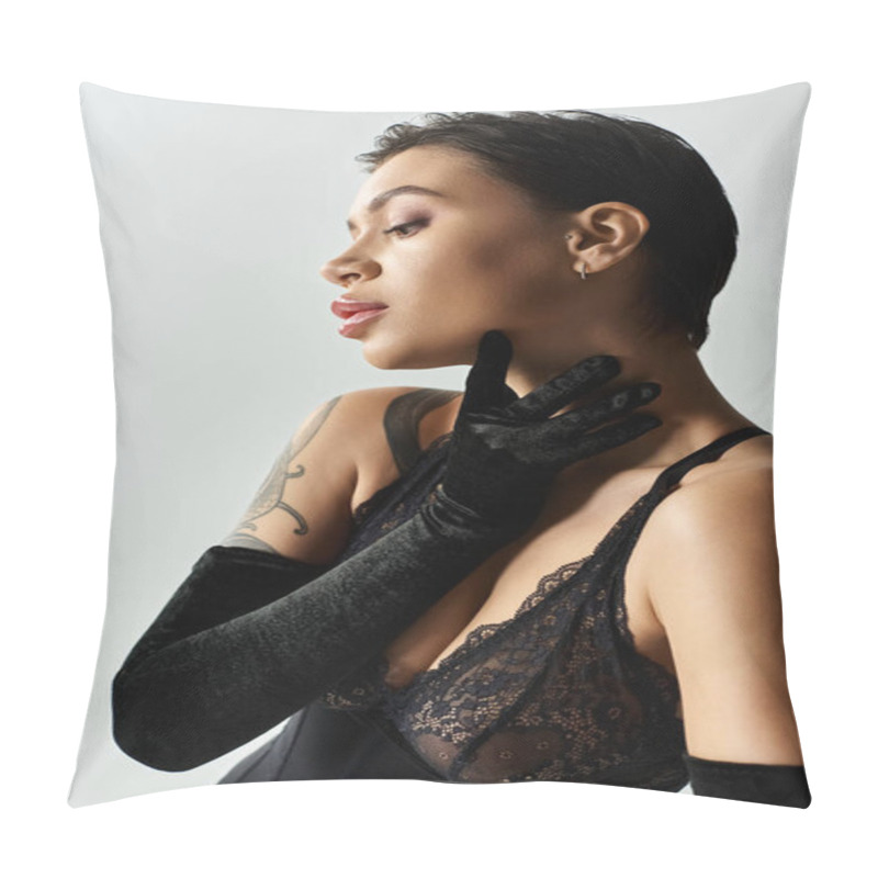 Personality  A Woman In Black Lingerie Poses With Long Gloves. Pillow Covers