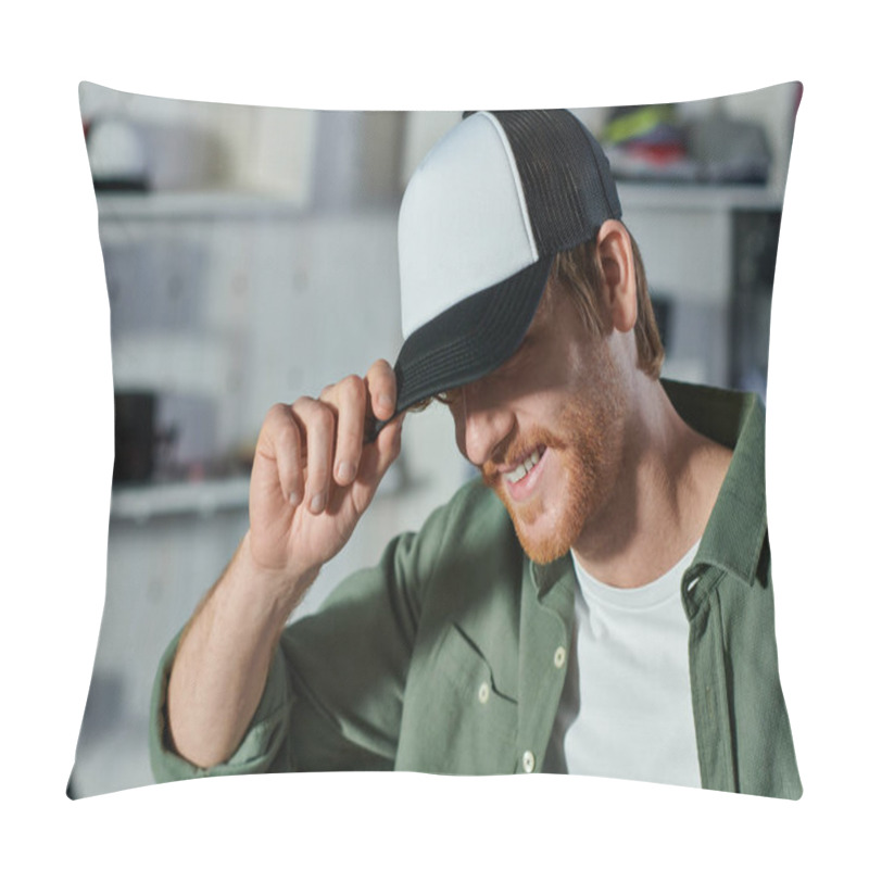 Personality  Smiling Young Redhead Craftsman Wearing Snapback While Working And Standing In Blurred Print Studio At Background, Customer-focused Entrepreneur Concept  Pillow Covers