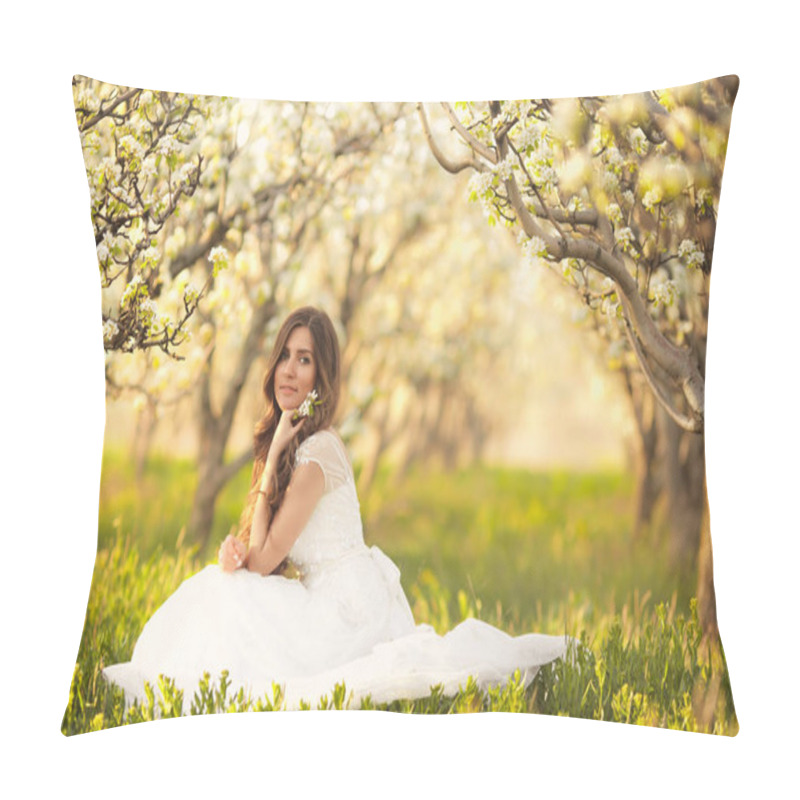 Personality  Portrait Of Beautiful Woman In Flowers. The Bride In Ivory Wedding Dress With Long Curly Hair Walking In Gardens With Summer Blossom Trees Pillow Covers