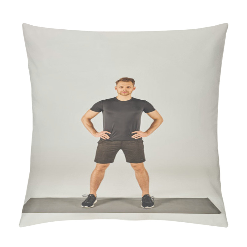 Personality  A Young Sportsman In Active Wear Stands On A Mat In Front Of A White Background, Showcasing Balance And Focus In A Studio. Pillow Covers