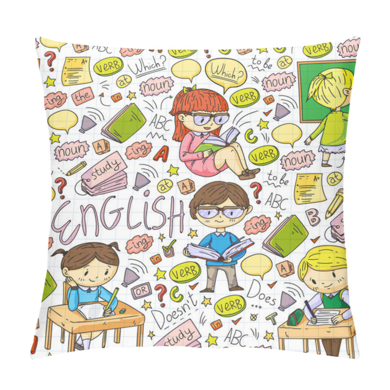 Personality  English School For Children. Learn Language. Education Vector Illustration. Kids Drawing Doodle Style Image. Pillow Covers