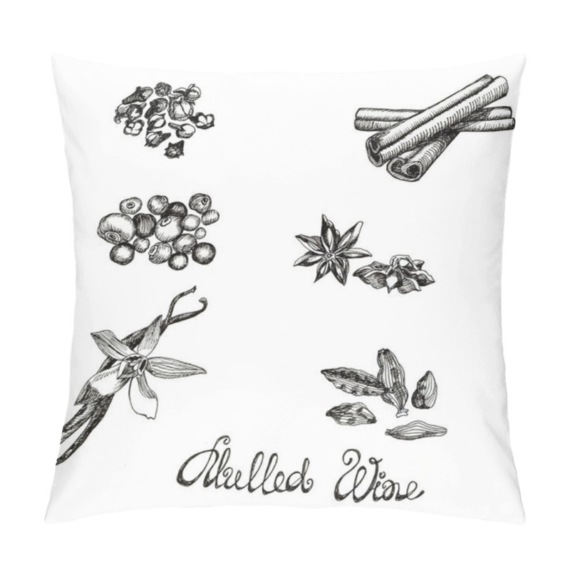 Personality  Isolated Clove, Bayberry, Cinnamon Sticks, Anise, Vanilla, Cardamom On White Background. Hand Drawn Ink Spices For Mulled Wine Or Bakery. Pillow Covers