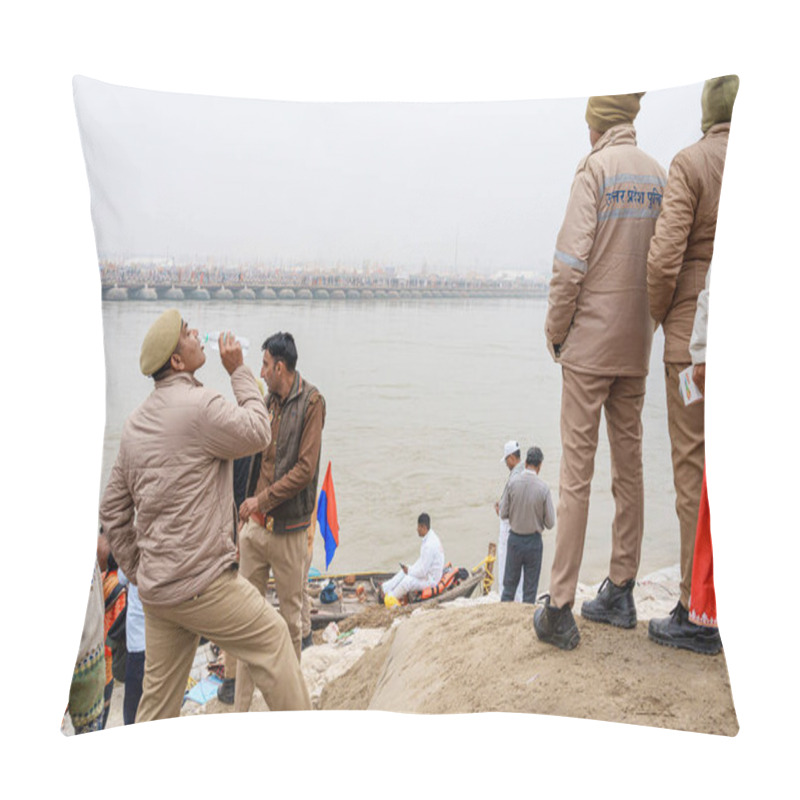 Personality  Uttar Pradesh Police Remain Vigilant During The Shahi Snan Of Makar Sankranti, Overseeing The Devotees As They Take A Sacred Dip In The Ganga At Mahakumbh In Prayagraj. Pillow Covers