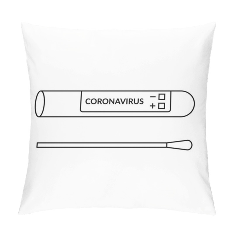 Personality  Coronavirus Swab In Test Tube Line Icon. Blank Test Sample For Covid 19 Diagnostics. Cotton Stick For Nasal Or Saliva Swab. Black Outline On White Background. Vector Illustration, Flat Style, Clip Art Pillow Covers