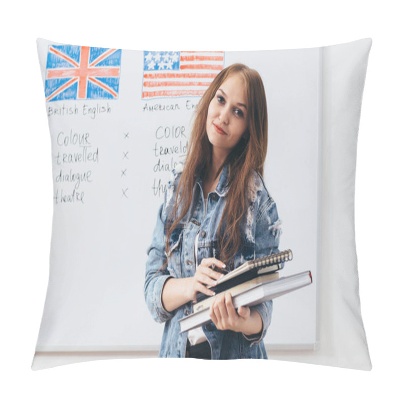 Personality  Female Student Looking At Camera. English Language School. Pillow Covers