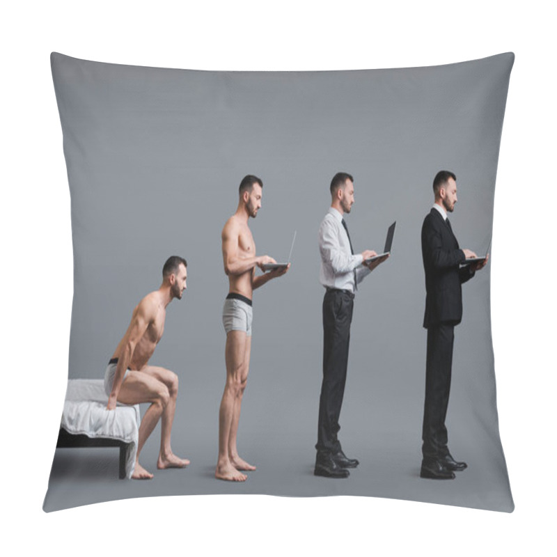 Personality  Collage Of Man Sitting On Bed, Standing And Using Laptop In Formal Wear On Grey, Evolution Concept  Pillow Covers