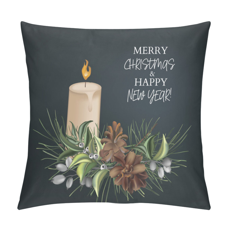 Personality  Christmas Pine Tree Branches With Fir-cones, Evergreen Plants And Beads On Dark  Background, New Year Intitation, Greeting Card. Pillow Covers