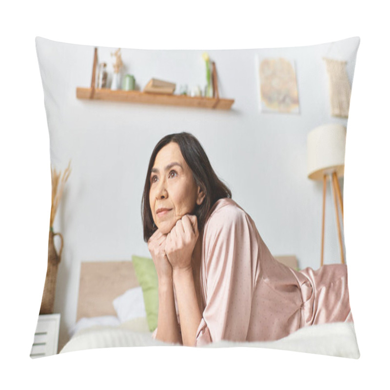 Personality  A Woman Peacefully Lies On A Bed In A Cozy Bedroom. Pillow Covers