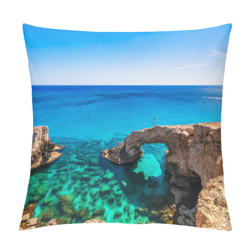 Personality  Woman On The Beautiful Natural Rock Arch Near Of Ayia Napa, Cavo Greco And Protaras On Cyprus Island, Mediterranean Sea. Legendary Bridge Lovers. Amazing Blue Green Sea And Sunny Day. Pillow Covers