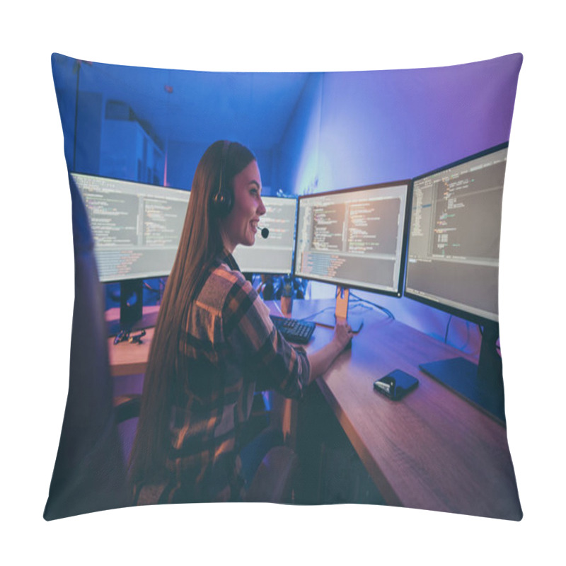 Personality  Turned Photo Of Cheerful Positive Woman Smiling Toothily Supporting Clients Customers In Checkered Shirt Modifying Security Code Pillow Covers