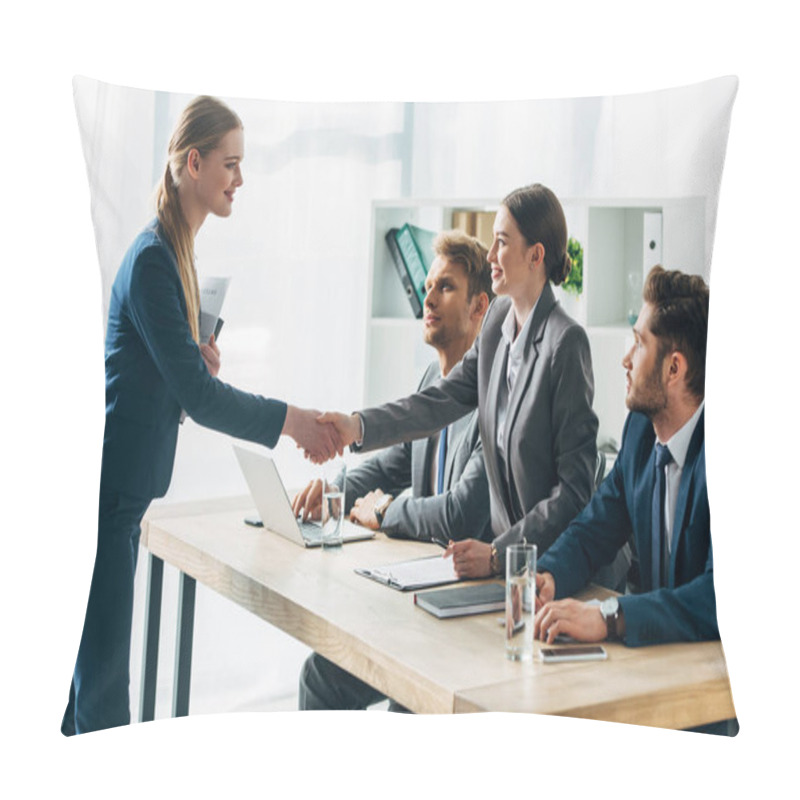 Personality  Smiling Employee Shaking Hands With Recruiter In Office  Pillow Covers