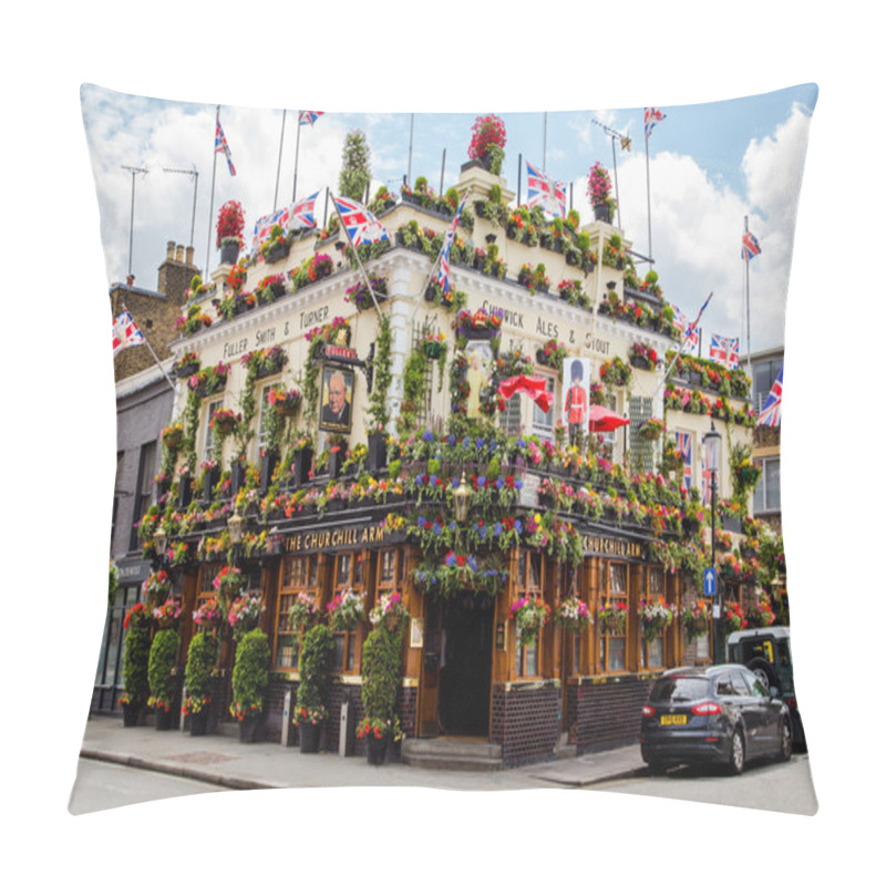 Personality  LONDON, UK - 28TH JUNE 2016: A View Of The Outside Of The Churchill Arms In London. Large Amounts Of Flowers And UK Decorations Can Be Seen On The Exterior. Pillow Covers