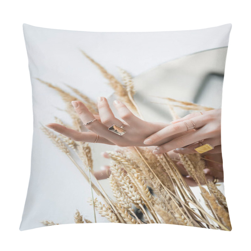 Personality  Cropped View Of Female Hands With Golden Rings On Fingers Near Wheat On White Pillow Covers