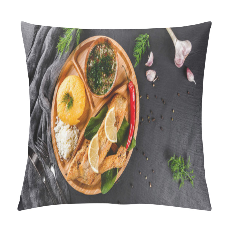 Personality  Delicious Polenta With Grilled Fillet Fish, Cheese And Spice Sauce On Cutting Board Over Black Stone Background. Hot Fish Dishes. Top View, Flat Lay Pillow Covers