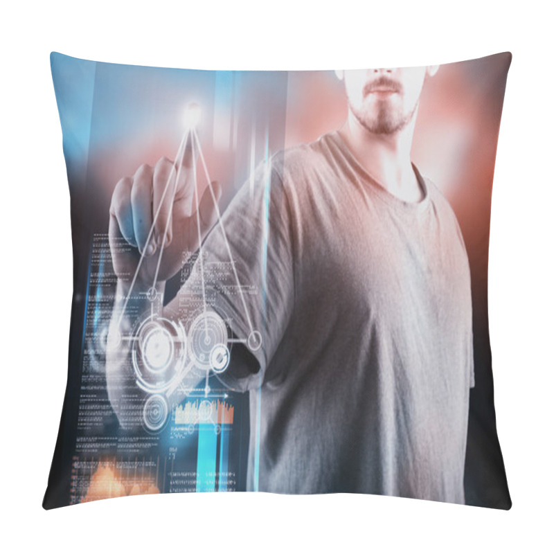 Personality  Man Working On A Futuristic Media Interface. Pillow Covers