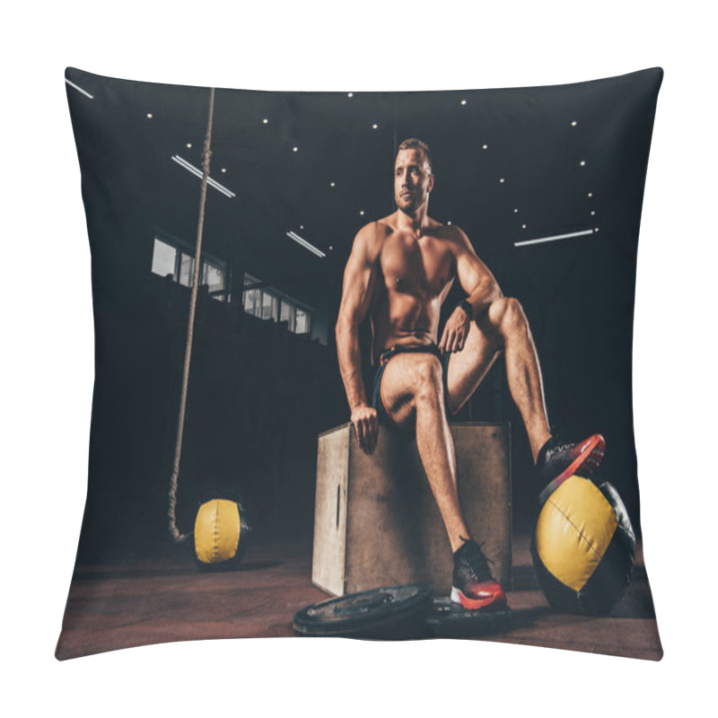 Personality  Shirtless Athletic Sportsman Sitting On Cube In Dark Gym Pillow Covers