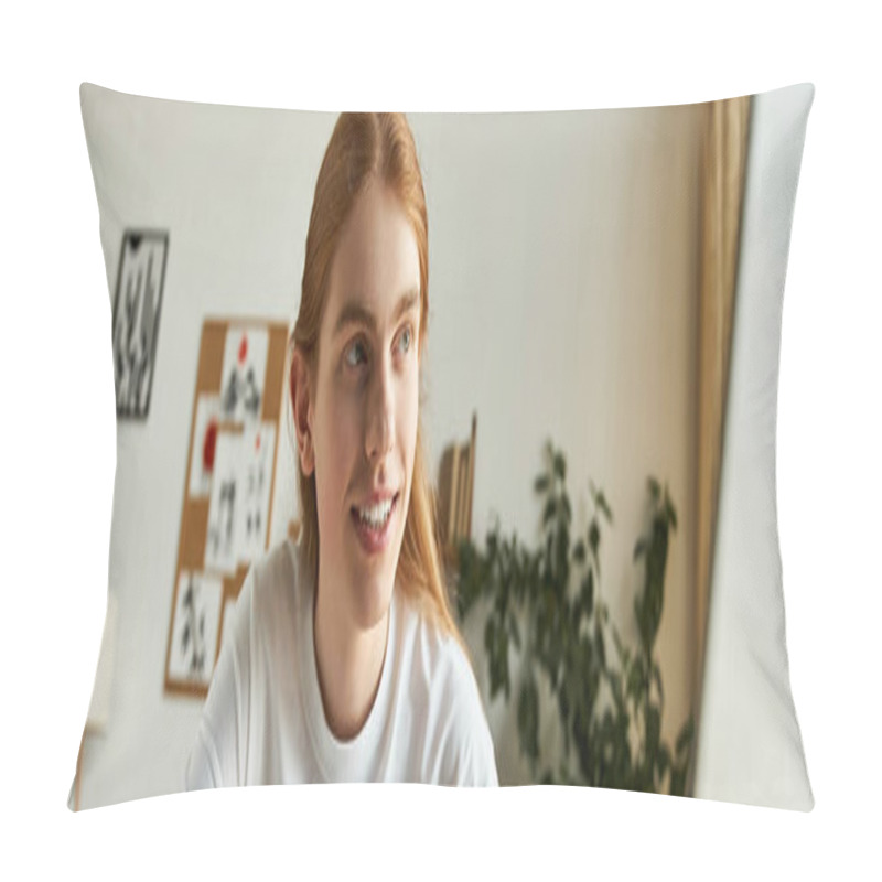 Personality  A Young Man With A Friendly Expression Is Brainstorming In A Serene, Bright Room. Pillow Covers