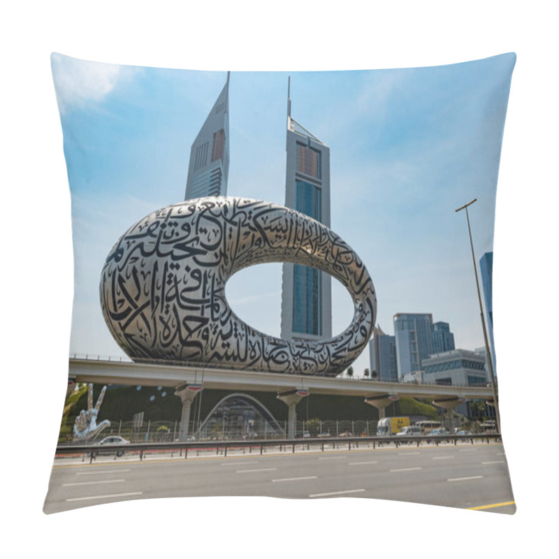 Personality  Dubai, United Arab Emirates - April 24th 2023: View To The Museum Of The Future At The Sheikh Zayed Road. The Two Emirates Towers In The Background.. Sheikh Zayed Road. And Cars In The Foreground. Pillow Covers