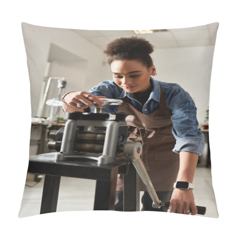 Personality  The Talented Craftsperson Is Carefully Manipulating A Metalworking Tool While Focused On Her Task. Pillow Covers