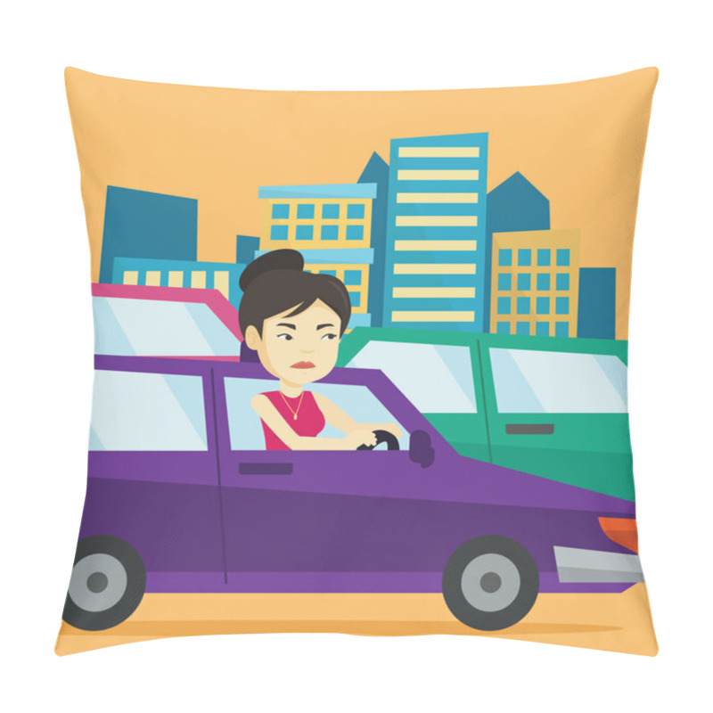 Personality  Angry Asian Woman In Car Stuck In Traffic Jam. Pillow Covers