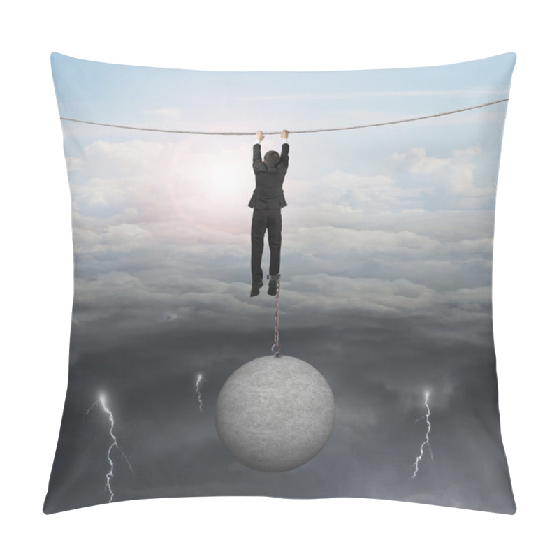 Personality  Businessman Shackled By Concrete Ball Hanging On Rope With Sky Pillow Covers