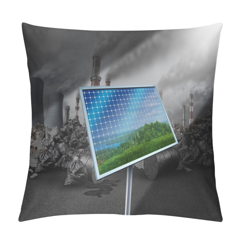 Personality  Solar Panel Cell Reflecting Gree Nature As An Alternative Source Of Sun Energy Power Grid Against A Polluted Toxic Background As A Sunlight Fuel As A 3D Render. Pillow Covers