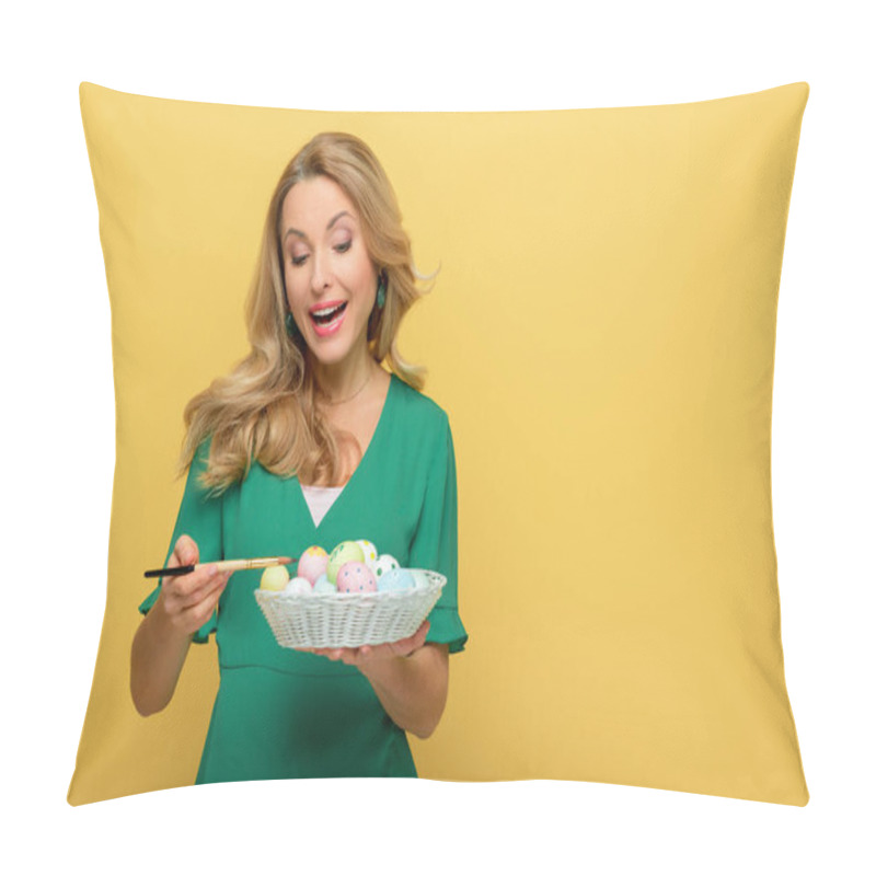 Personality  Surprised Woman Holding Paintbrush Near Easter Eggs Isolated On Yellow  Pillow Covers