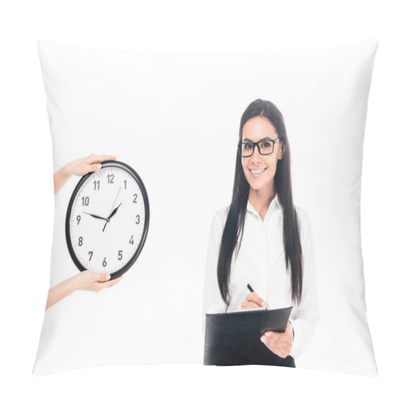 Personality  Businesswoman In Glasses Writing In Clipboard Near Clock Isolated On White Pillow Covers