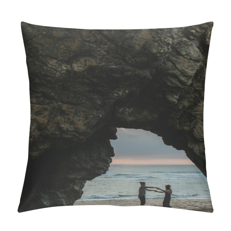 Personality  Side View Of Happy Couple Dancing On Beach During Sunset Pillow Covers