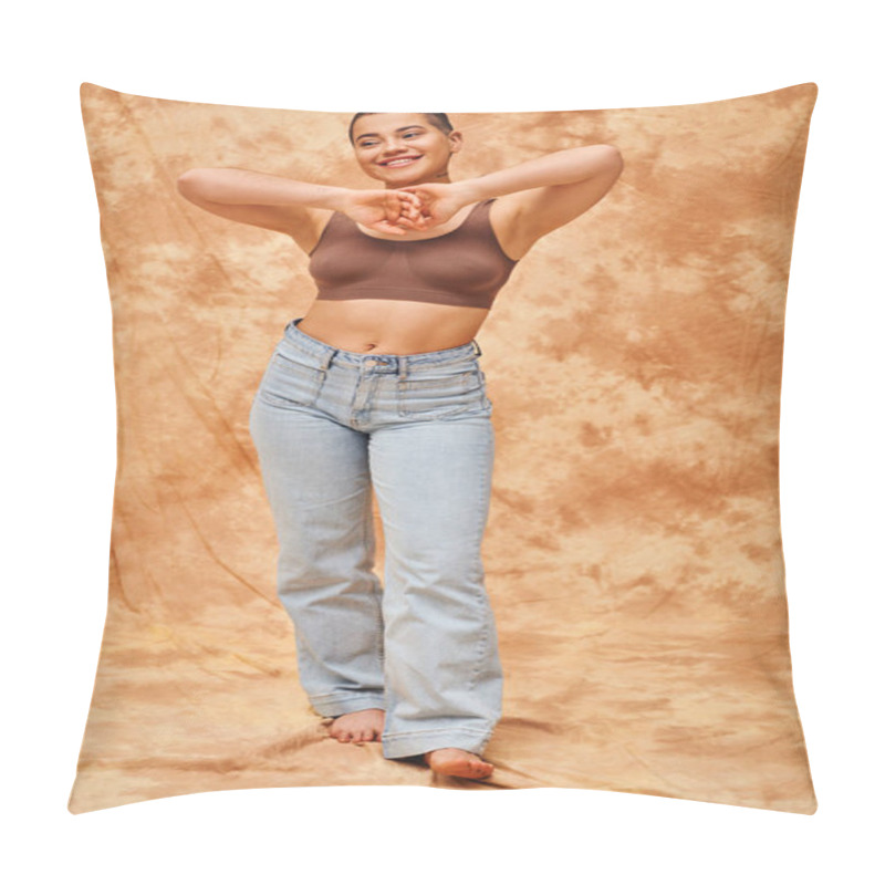 Personality  Body Positivity Movement, Jeans Look, Curvy And Joyful Woman In Crop Top Posing On Mottled Beige Background, Casual Attire, Self-acceptance, Generation Z, Tattooed, Smile, Full Length  Pillow Covers