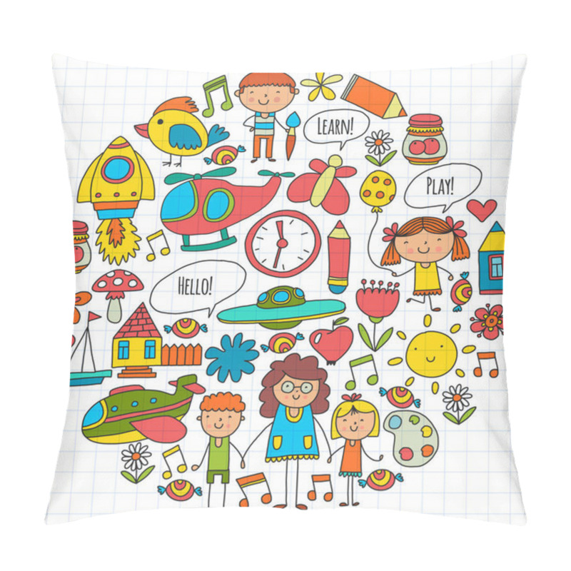 Personality  Vector Icons And Elements. Kindergarten, Toys. Little Children Play, Learn, Grow Together. Pillow Covers