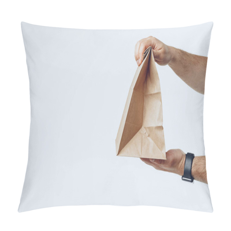 Personality  Courier Hands Giving Packed Food Delivery Close Up Pillow Covers