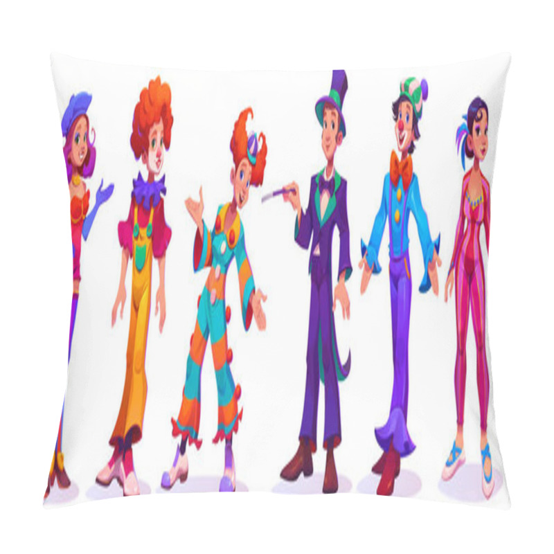 Personality  Circus Cartoon Characters Set - Vector Illustration Of Various Cirque Or Carnival Artists In Bright Scenic Costumes. Man Magician In Coat And Hat, Woman Gymnast And Clowns With Wig And Red Nose. Pillow Covers