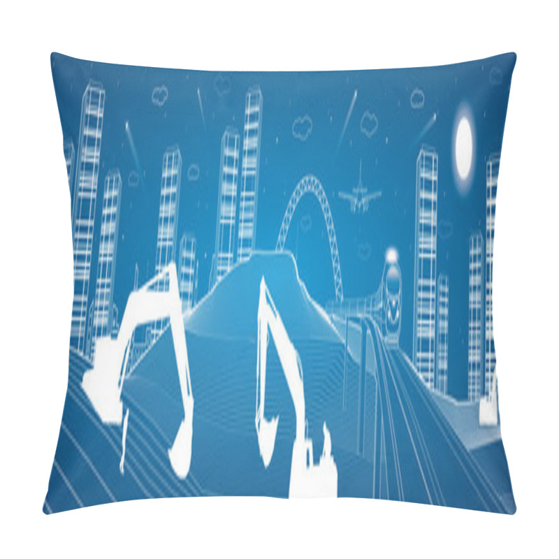 Personality  Building Scene, Train Move On The Bridge, The Mountains, Night City On The Background, Infrastructure Panoramic, Vector Design Art Pillow Covers