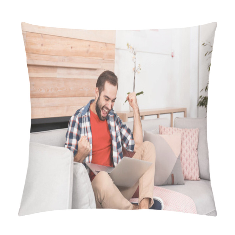 Personality  Emotional Young Man With Laptop Celebrating Victory On Sofa At Home Pillow Covers