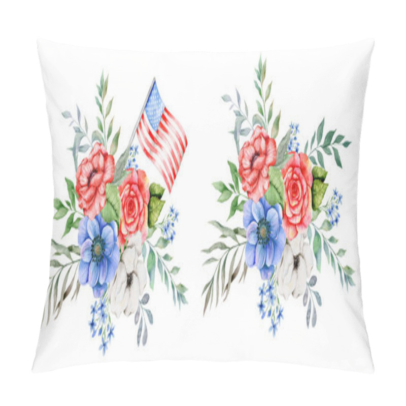 Personality  4th Of July Patriotic Concept. Patriotic Design. Red Blue And White Flower Bouquet Watercolor Illustration. Independence Day Design Element. Hand Painted Watercolor Botanical Illustration. Pillow Covers